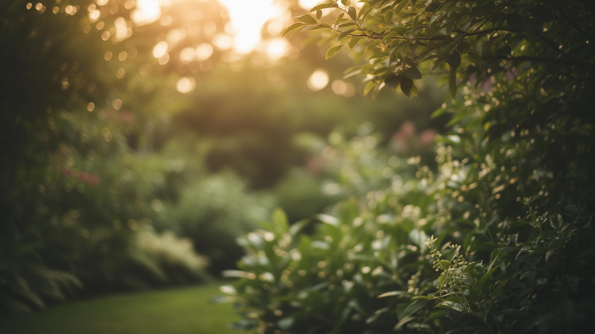 Jardim tranquilo com luz dourada